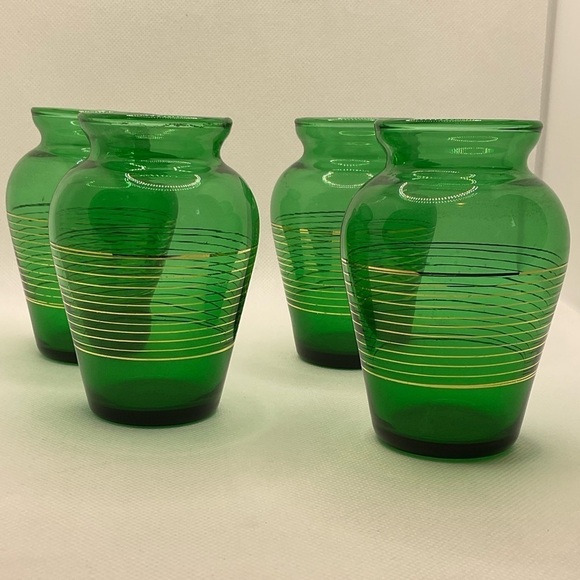 4 Vintage Anchor Hocking Green Glass‎ Bud Vases. Mid Century Modern Gold Stripes - Picture 2 of 6